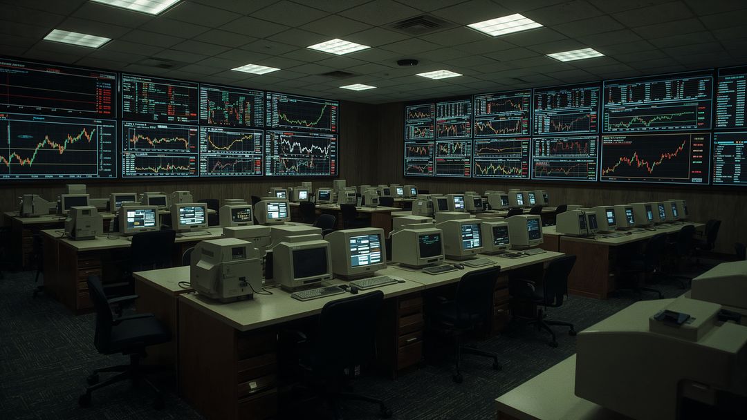 Vintage Trading Floor with Financial Dashboard Screens