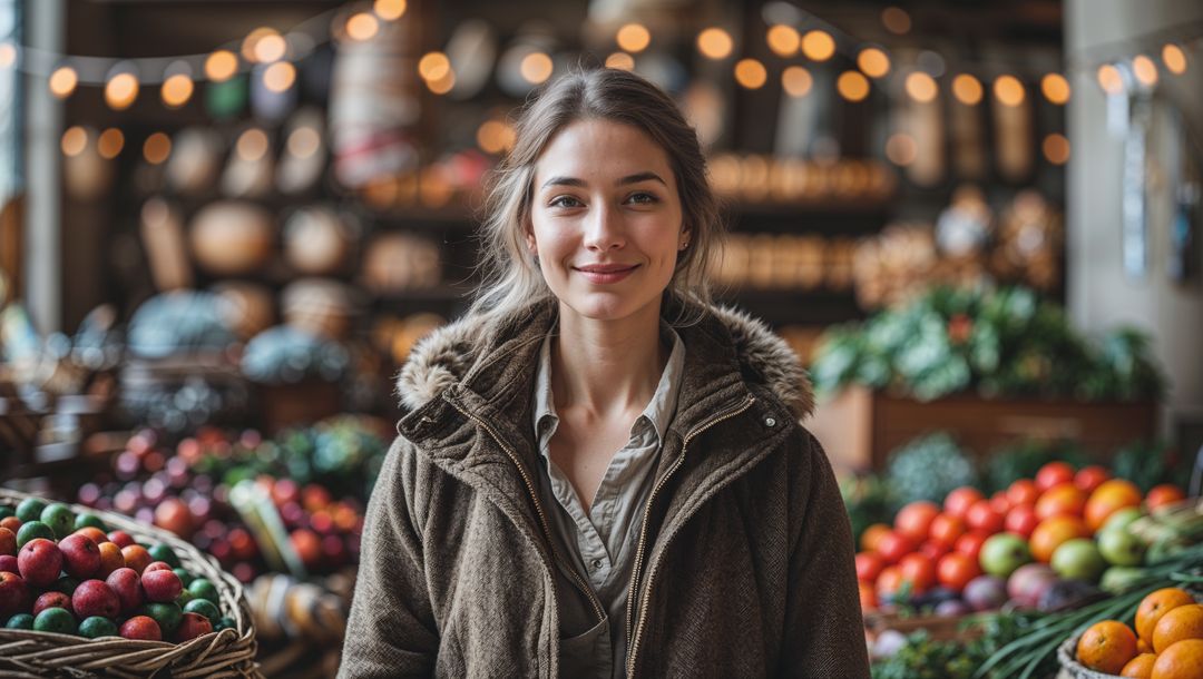 Smiling Woman Exploring Local Market with Fresh Produce Display