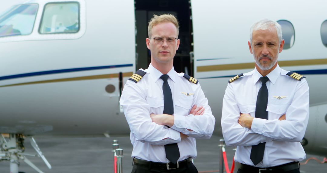 Caucasian pilots stand confidently in front of a jet, with copy space - Free Images, Stock Photos and Pictures on Pikwizard.com
