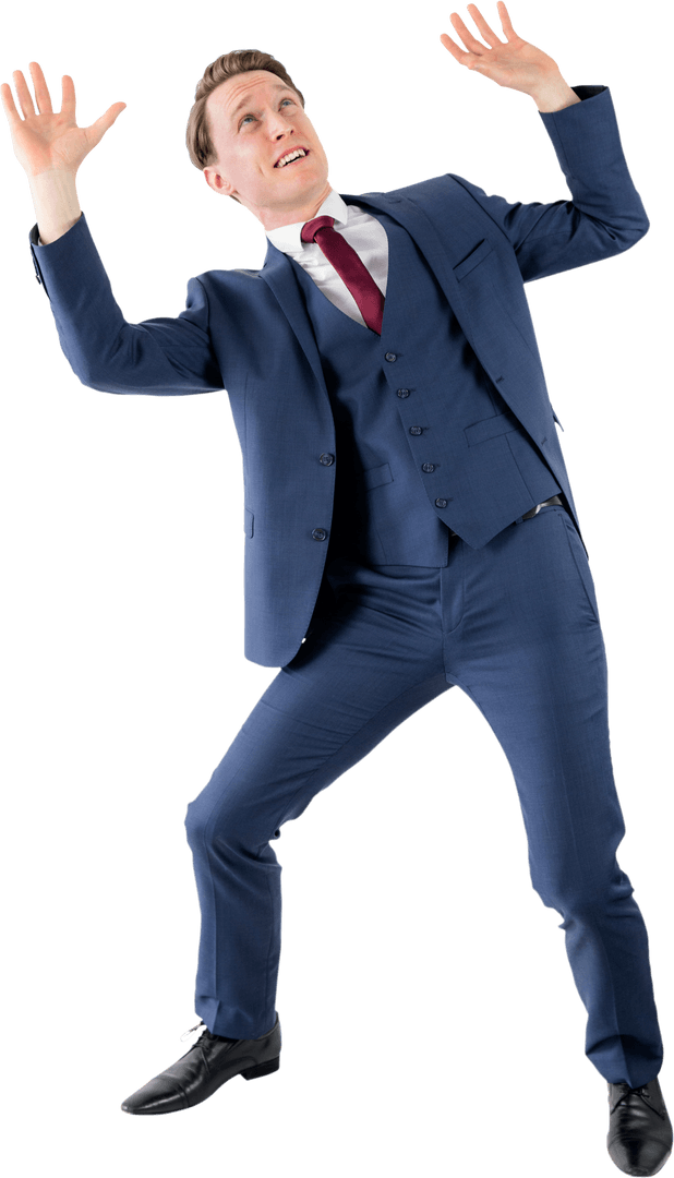 Surprised Businessman in Blue Suit Holding Transparent Object