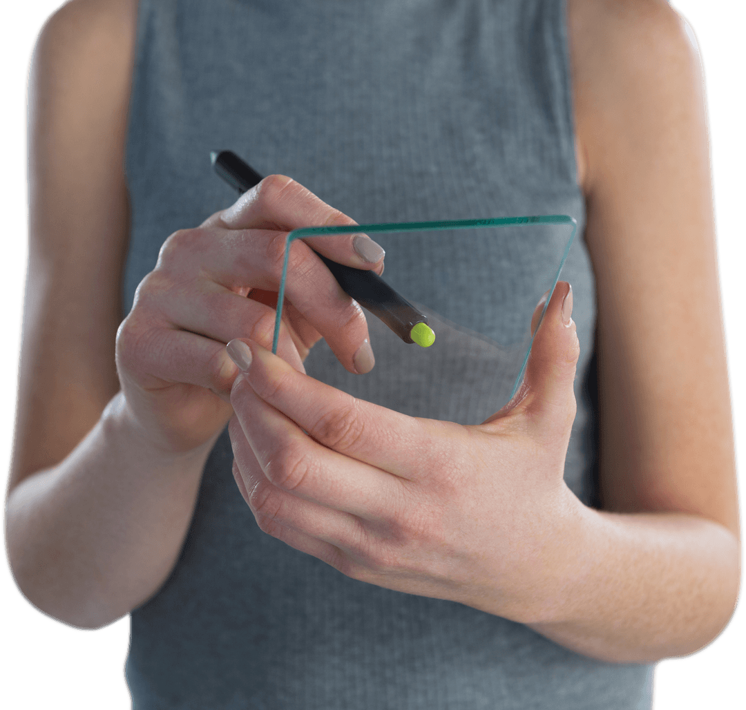 Businesswoman Writing on Transparent Interface with Stylus