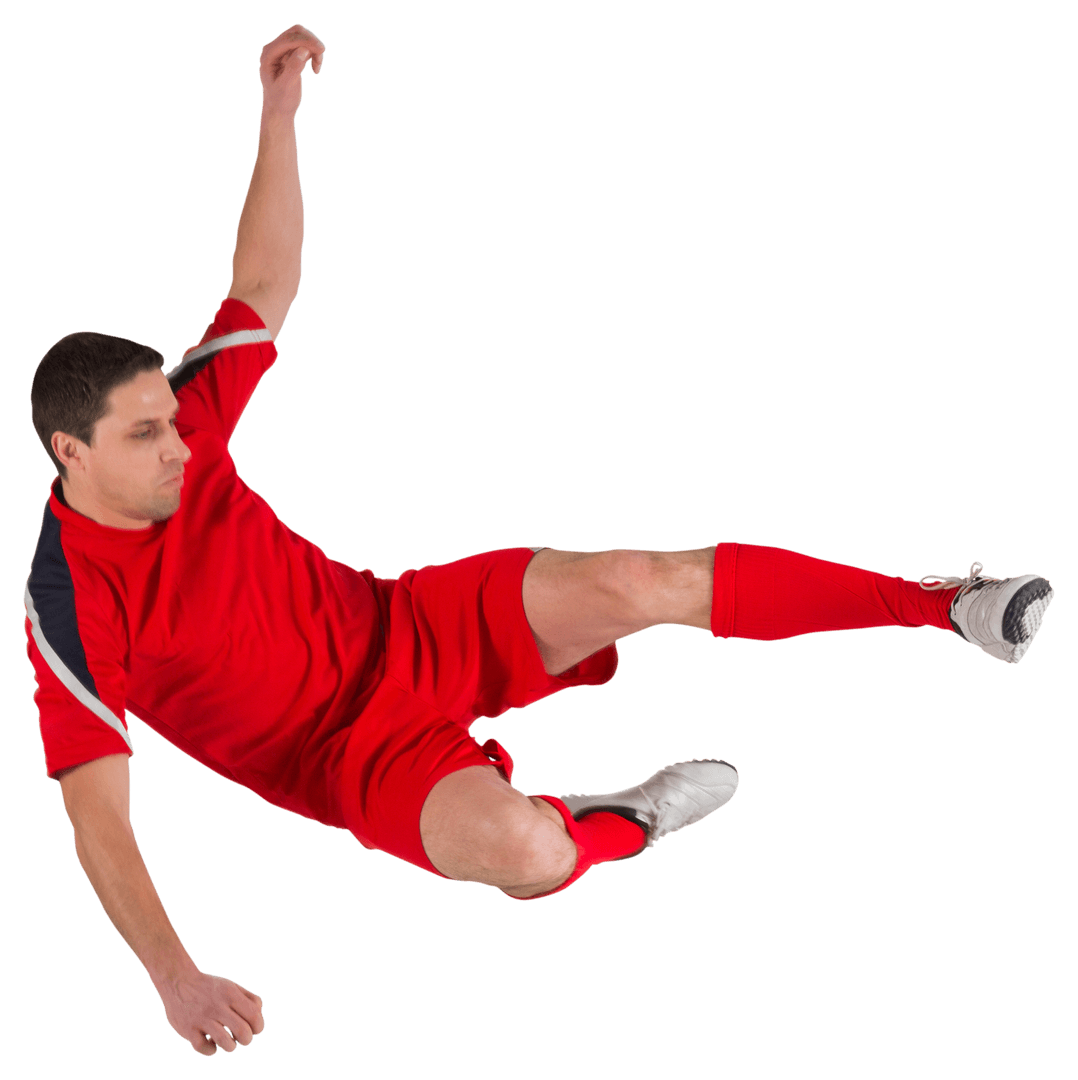 Dynamic Soccer Player Kicking Midair Isolated on Transparent Background