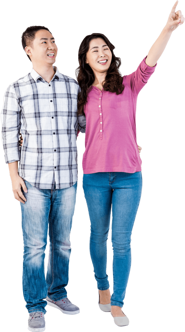 Happy Couple Pointing Upwards Transparent Background