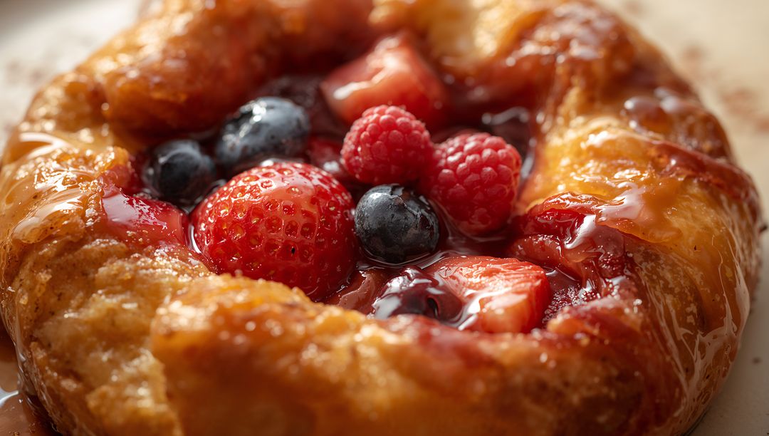 Glazing mixed berry tart with golden flaky laminated crust and glossy fruit glaze