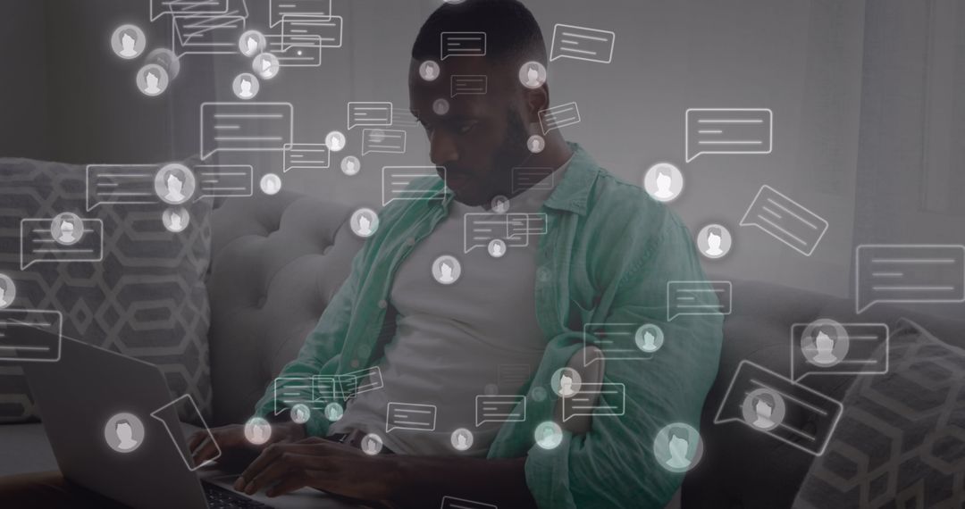 Man Working on Laptop with Social Media Notifications Overlay