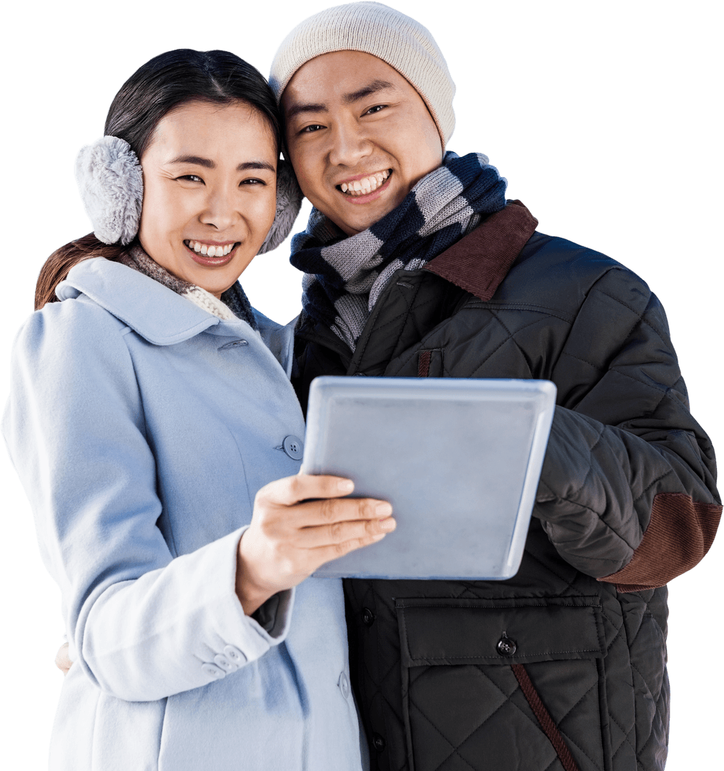 Happy Couple in Winter Clothes with Tablet on Transparent Background