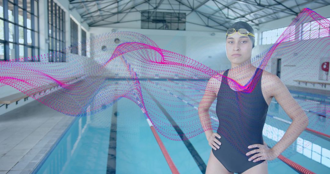 Swimmer Adjusting Goggles in Pool with Digital Wave Graph