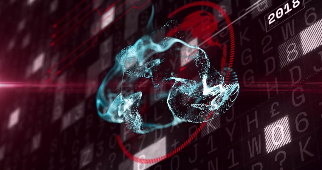 Futuristic Neon Particle Swirl and Digital Code with 2018 Highlight