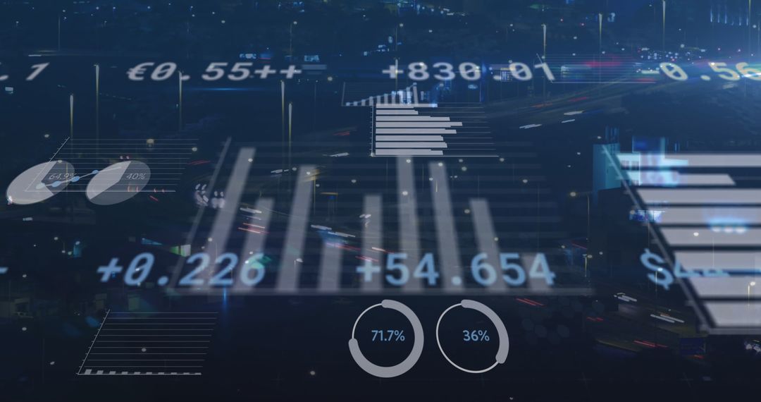 Digital Finance Data Overlaying Cityscape Highlighting Growth Trends