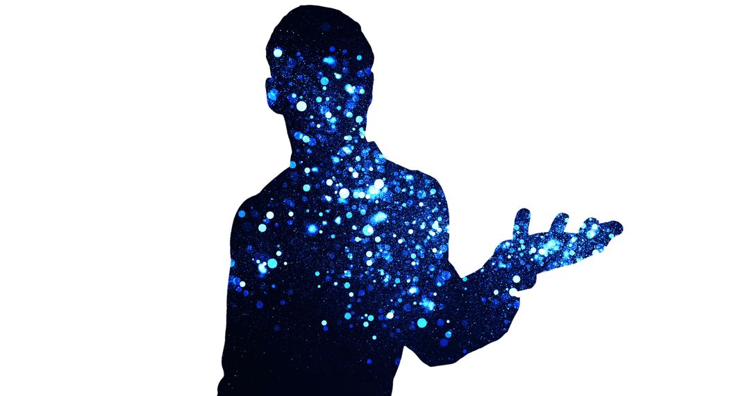 Silhouette with Blue Light Spots and Outstretched Hand