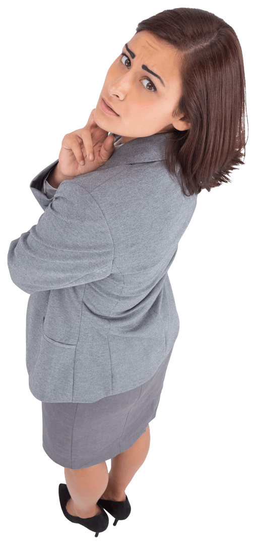 Anxious Hispanic Businesswoman Looking Back on Transparent Background
