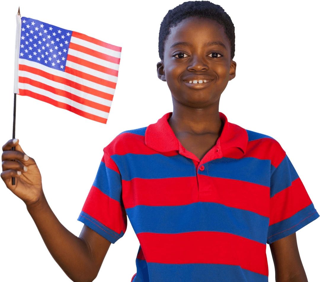 Joyful Boy Holding American Flag on Transparent Background