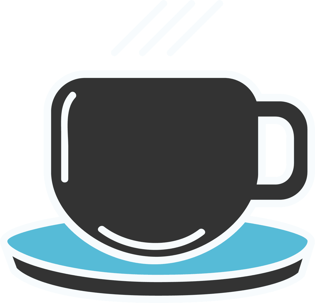 Transparent Outline Icon of Coffee Cup on Saucer with Blue Accent
