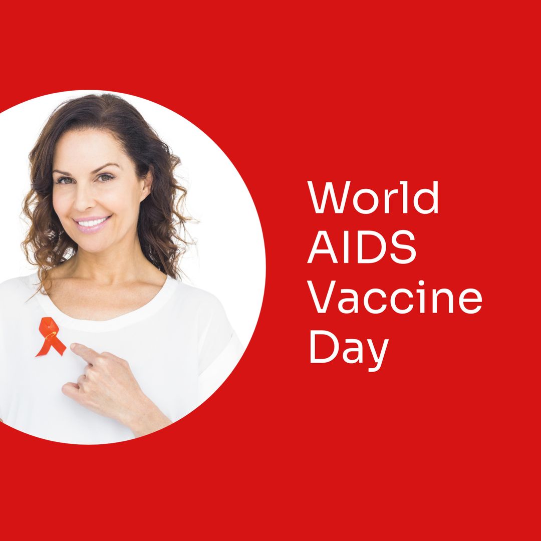 Smiling Woman Celebrating World AIDS Vaccine Day with Red Ribbon