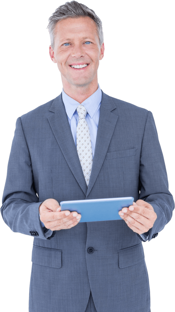 Transparent Smiling Businessman Holding Tablet Computer