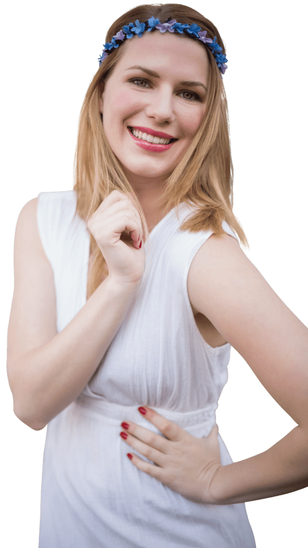 Happy Caucasian Woman with Flower Headband on Transparent Background