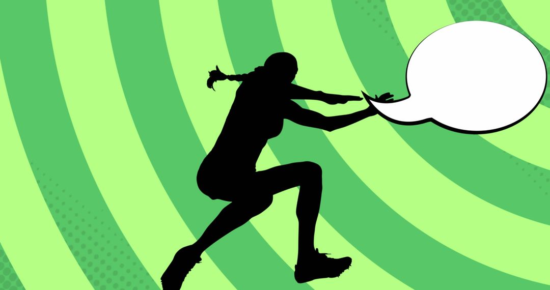 Silhouette of Athletic Woman with Speech Bubble on Green Patterned Background