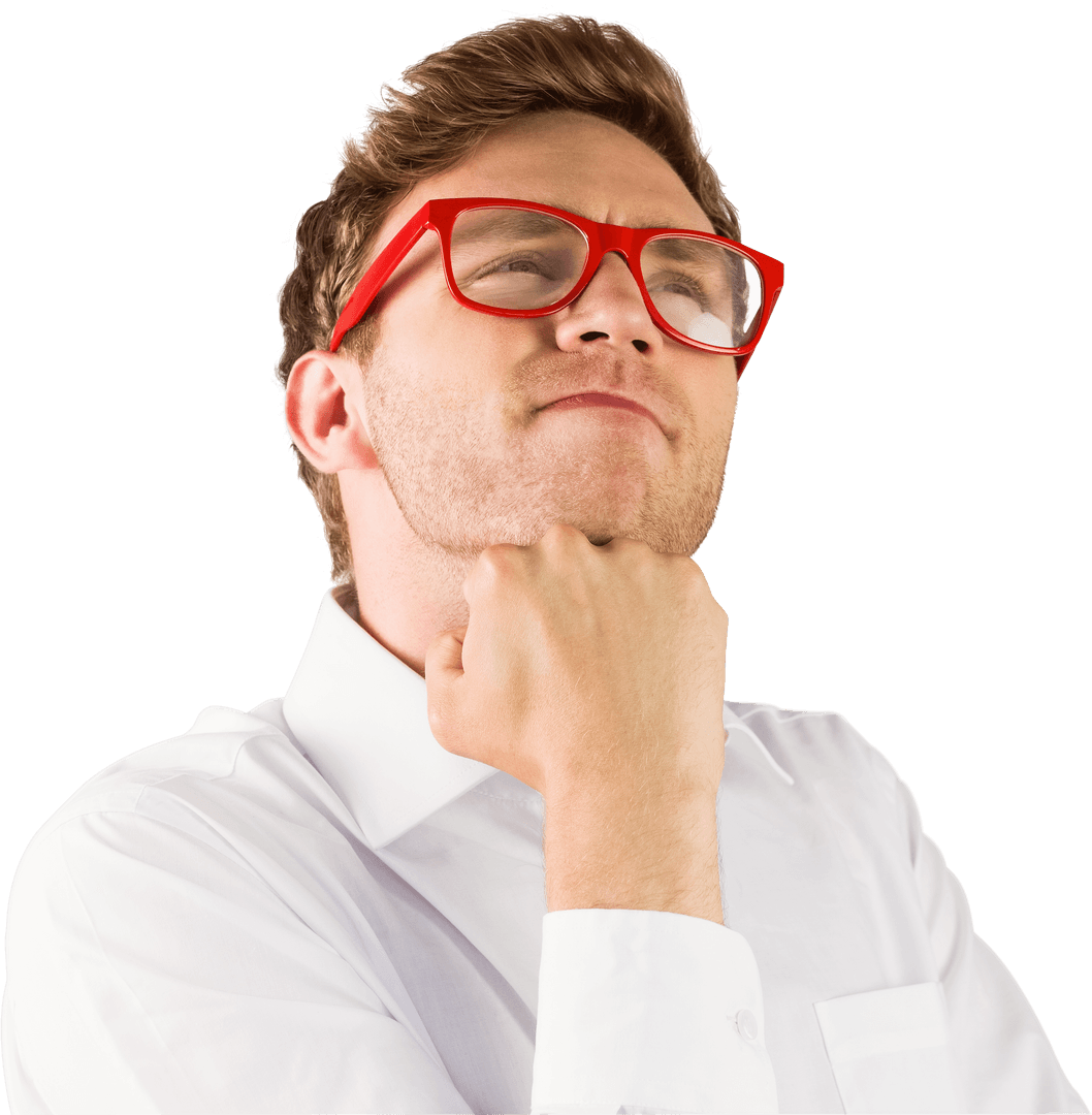 Thoughtful Young Man with Red Glasses on Transparent Background