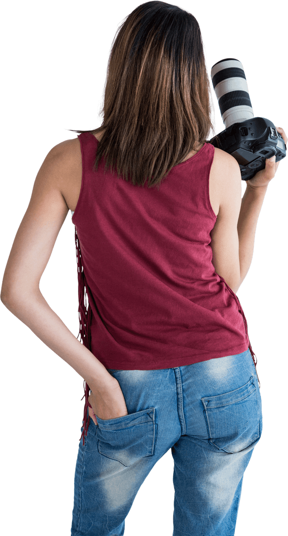 Transparent Photographer Holding Large Camera Wearing Casual Outfit
