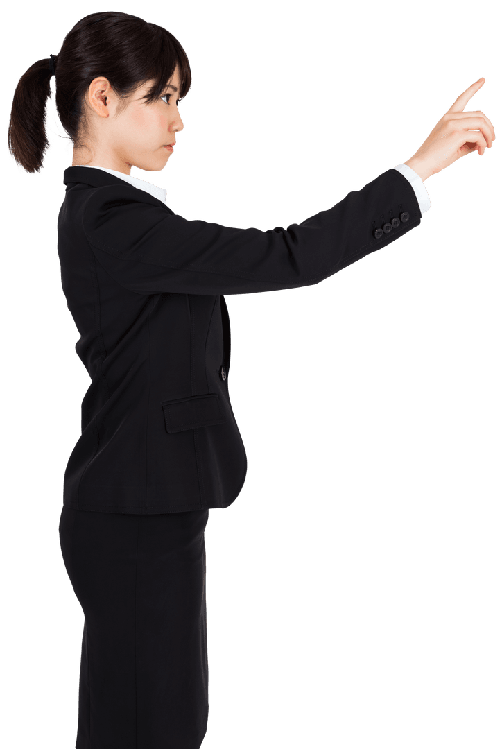 Transparent Businesswoman Pointing with Focused Gesture