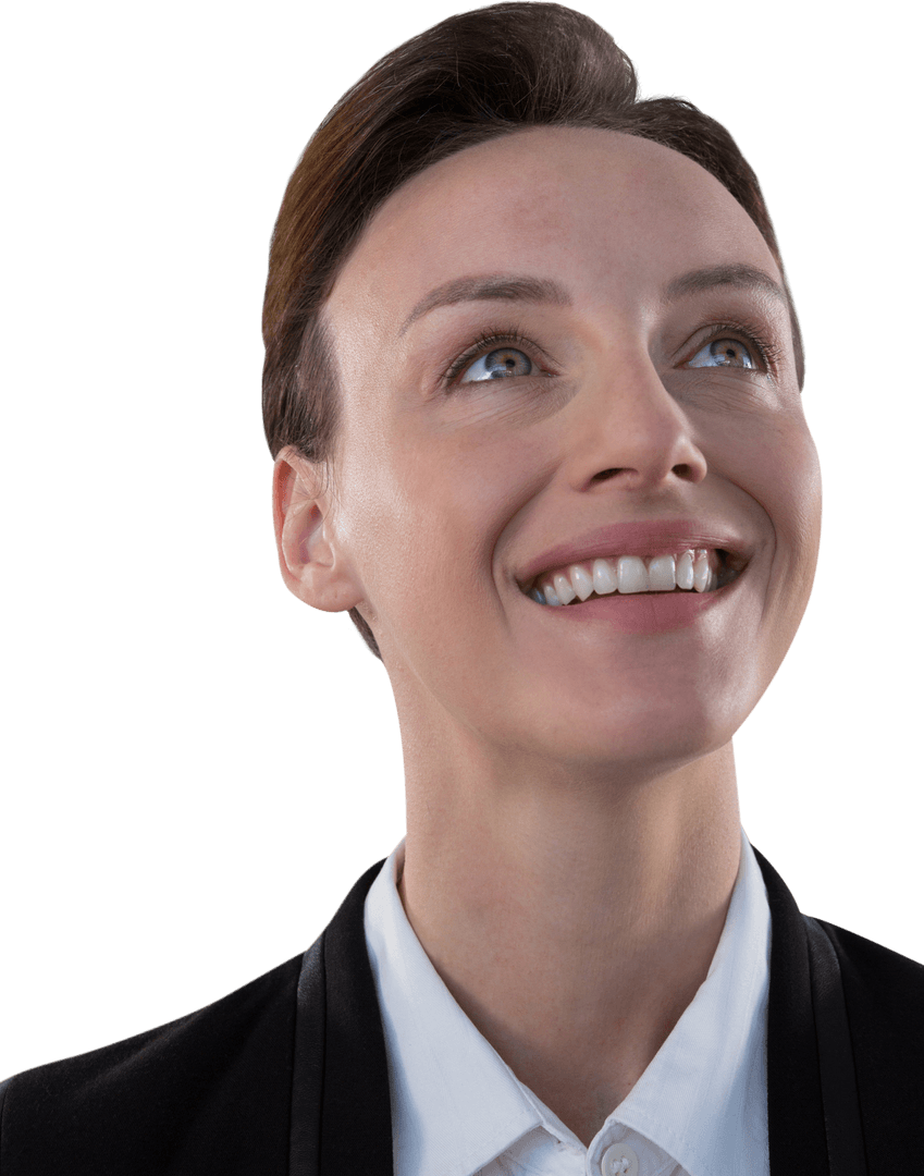 Transparent Smiling Businesswoman Looking Upwards Confidently