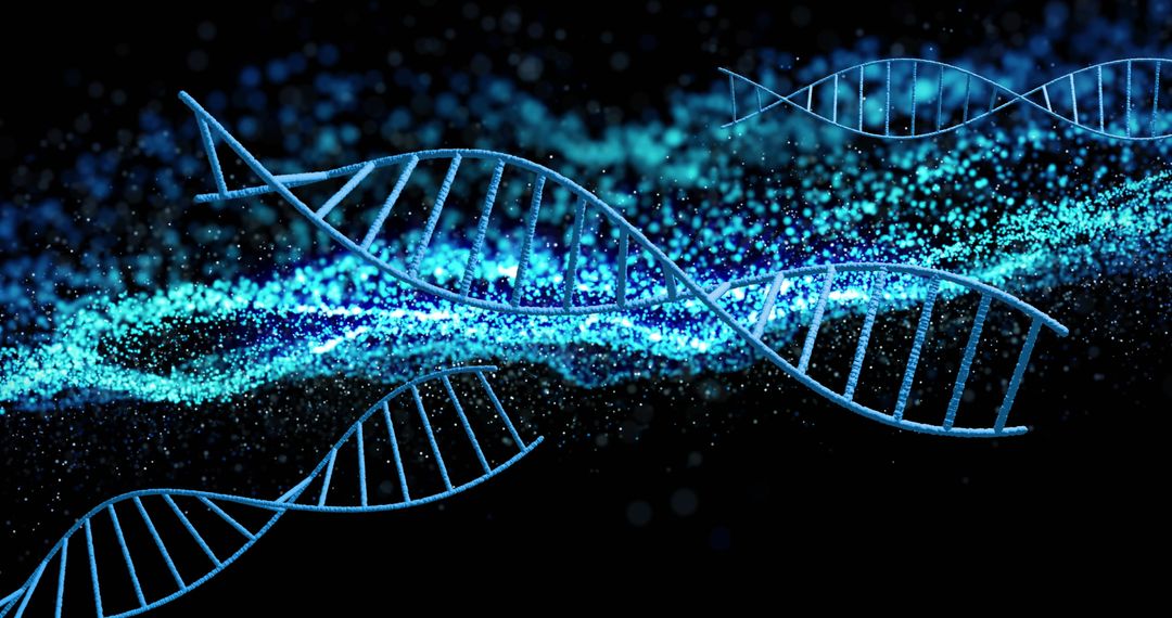 DNA Strand With Floating Digital Particles on Dark Background
