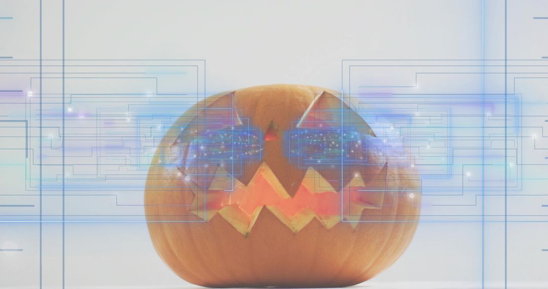 Glowing Futuristic Jack-o-Lantern Displaying Neon HUD Overlays and Circuit Hologram