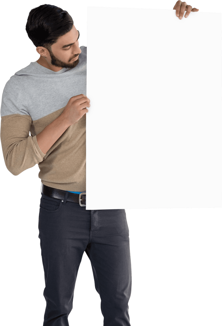 Transparent Display of White Blank Paper by Smiling Man
