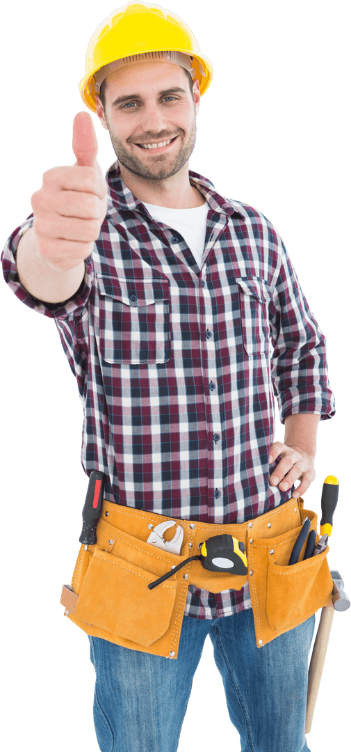 Smiling Handyman Giving Thumbs Up on Transparent Background