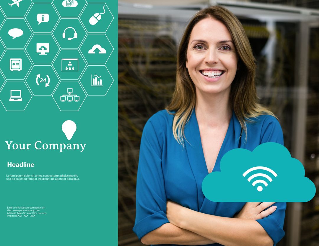 Confident Businesswoman in Tech-focused Networking Banner