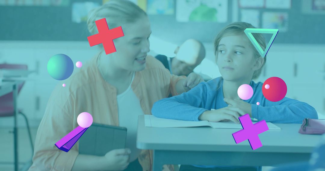 Teacher Guiding Student with Tablet in Classroom with Colorful Geometric Overlay