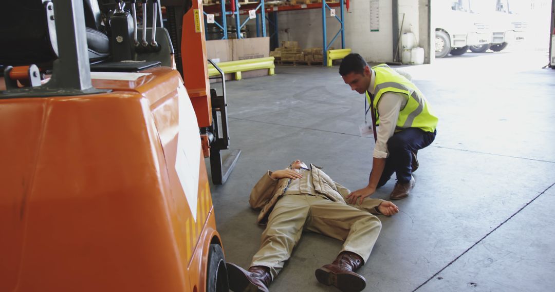 Warehouse Worker Providing Assistance to Injured Colleague - Free Images, Stock Photos and Pictures on Pikwizard.com