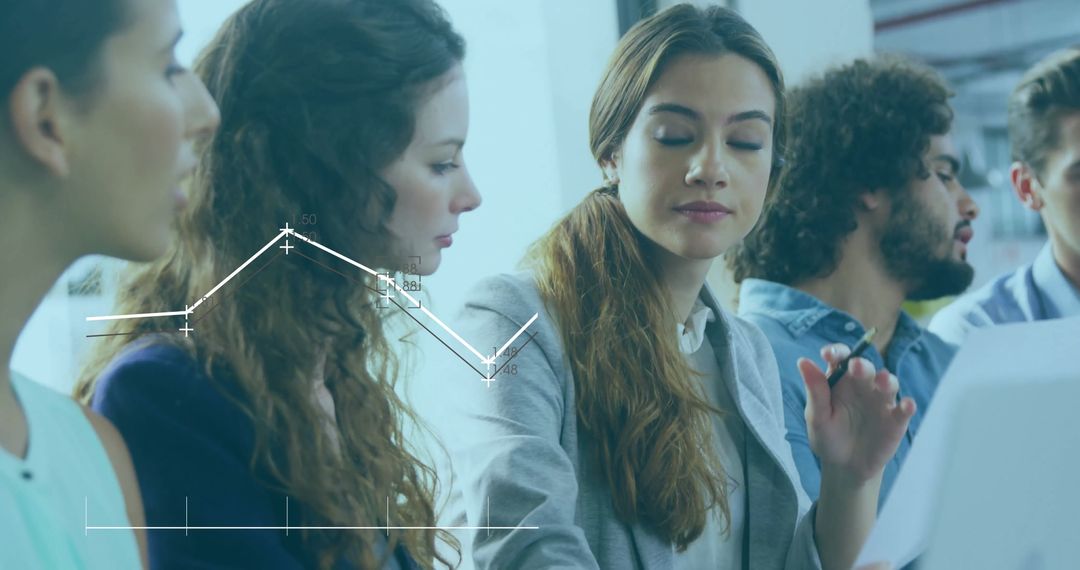 Diverse Team Analyzing Data with Digital Overlay in Modern Meeting