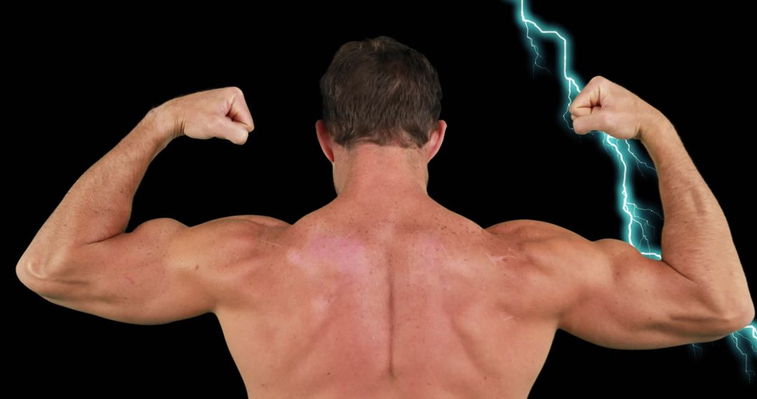 Muscular Back Flexing with Lightning Symbols for Strength