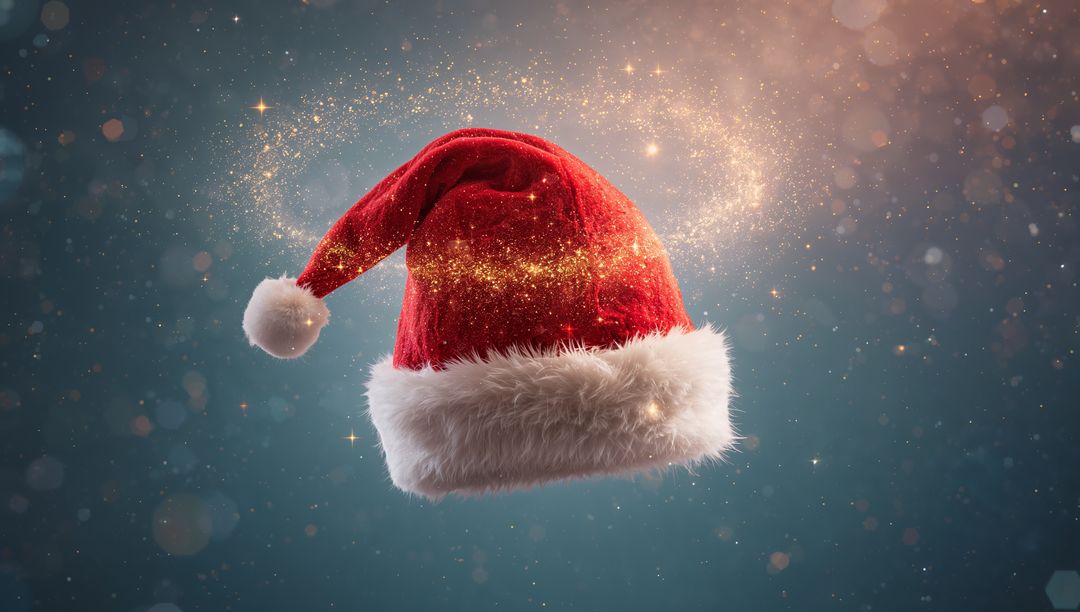 Floating Santa Hat with Golden Sparkle Trail and Festive Bokeh Background
