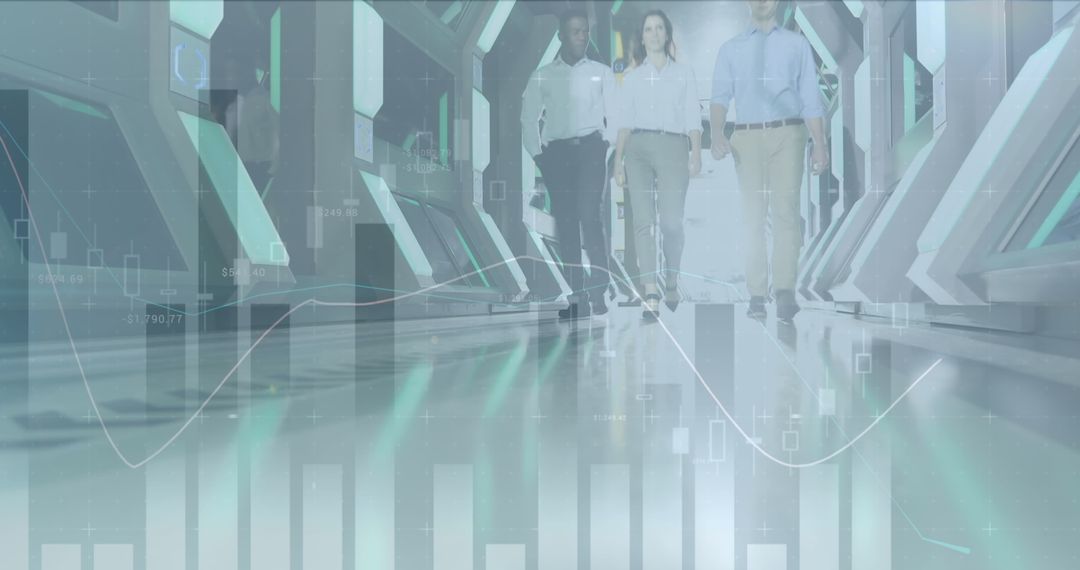 Business Team Walking With Financial Data Overlay