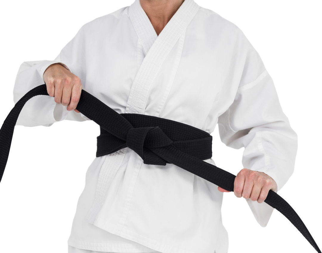 Female Judo Athlete Adjusting Black Belt on Transparent Background - Download Free Stock Images Pikwizard.com