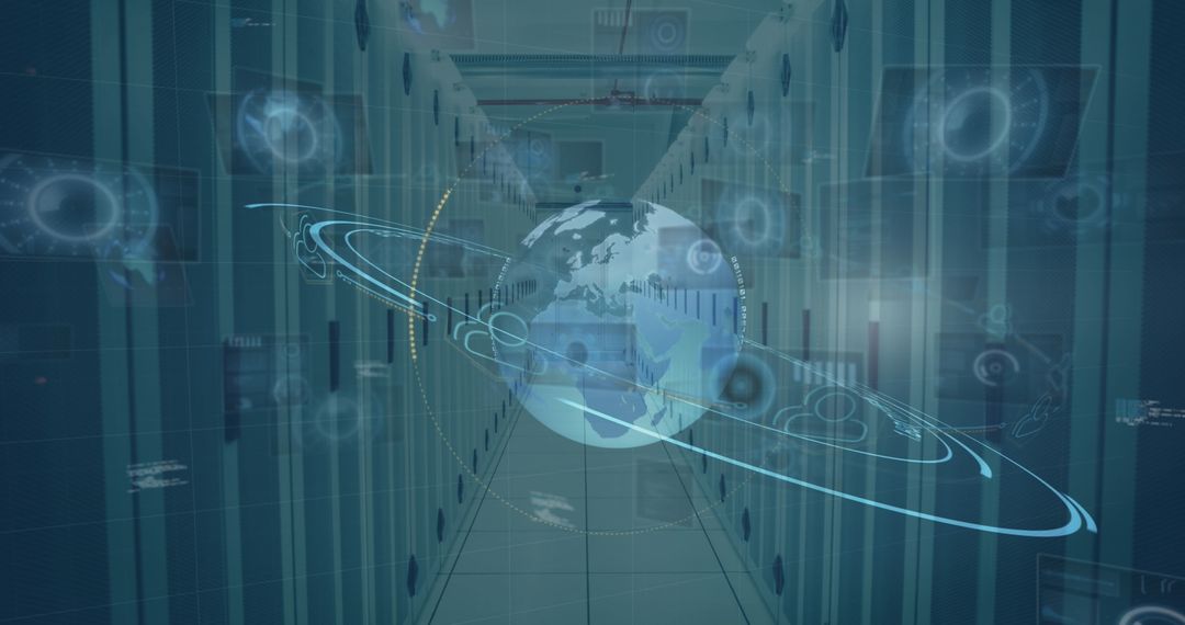 Holographic Earth and Digital Nodes in Data Center Highlighting Global Connectivity