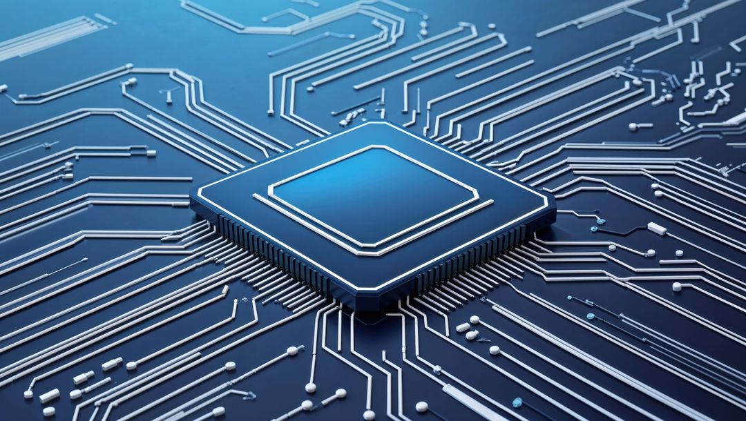 Microprocessor Chip on Blue Circuit Board for Innovation and Technology Concepts