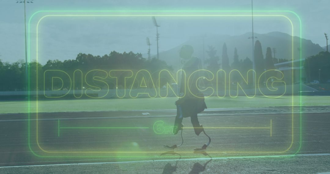Prosthetic Athlete Sprinting on Outdoor Track with Distancing Message