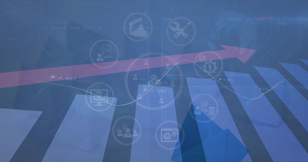 Digital Icons and Statistical Data Processing on Blue Background