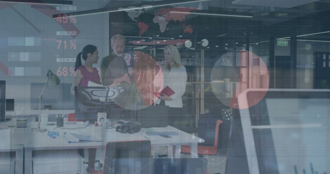 Business Team Analyzing Finance with Global Data Overlay