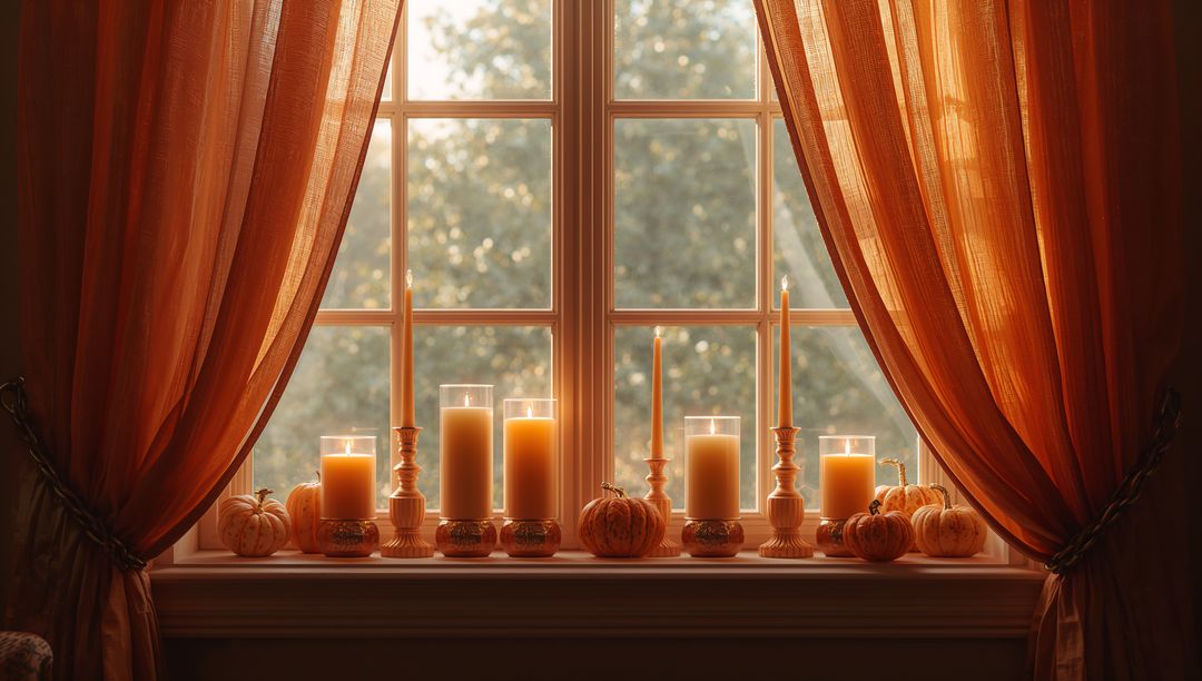 Cozy Autumn Vignette with Candles and Pumpkins on Windowsill