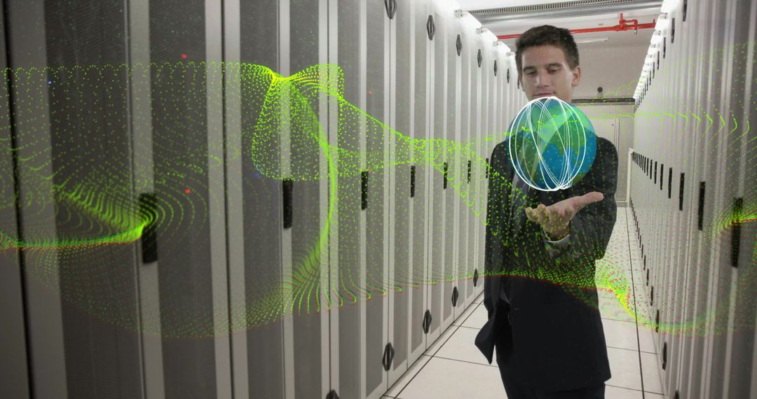 Businessman Interacting with Digital Network in Server Room