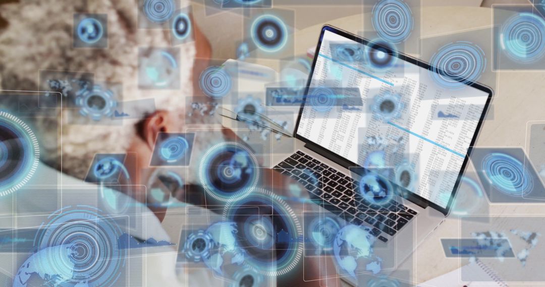 Professional Analyzing Data on Laptop with Futuristic UI Elements