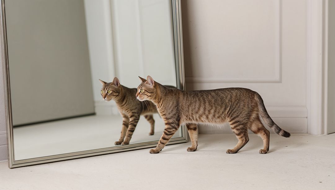 Curious Brown Tabby Walking Toward Full-Length Mirror Showing Reflection, Minimal Interior
