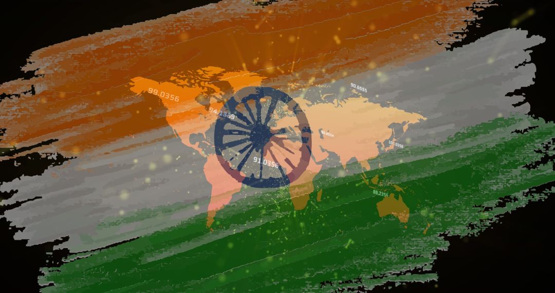 Digital World Map with Indian Flag Aesthetics and Numeric Patterns