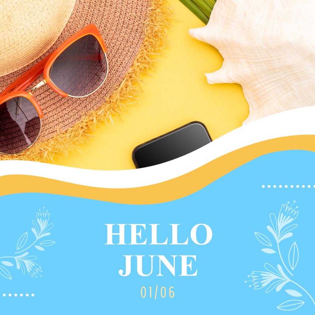 Summer Essentials on Vibrant Yellow Background with 'Hello June' Message
