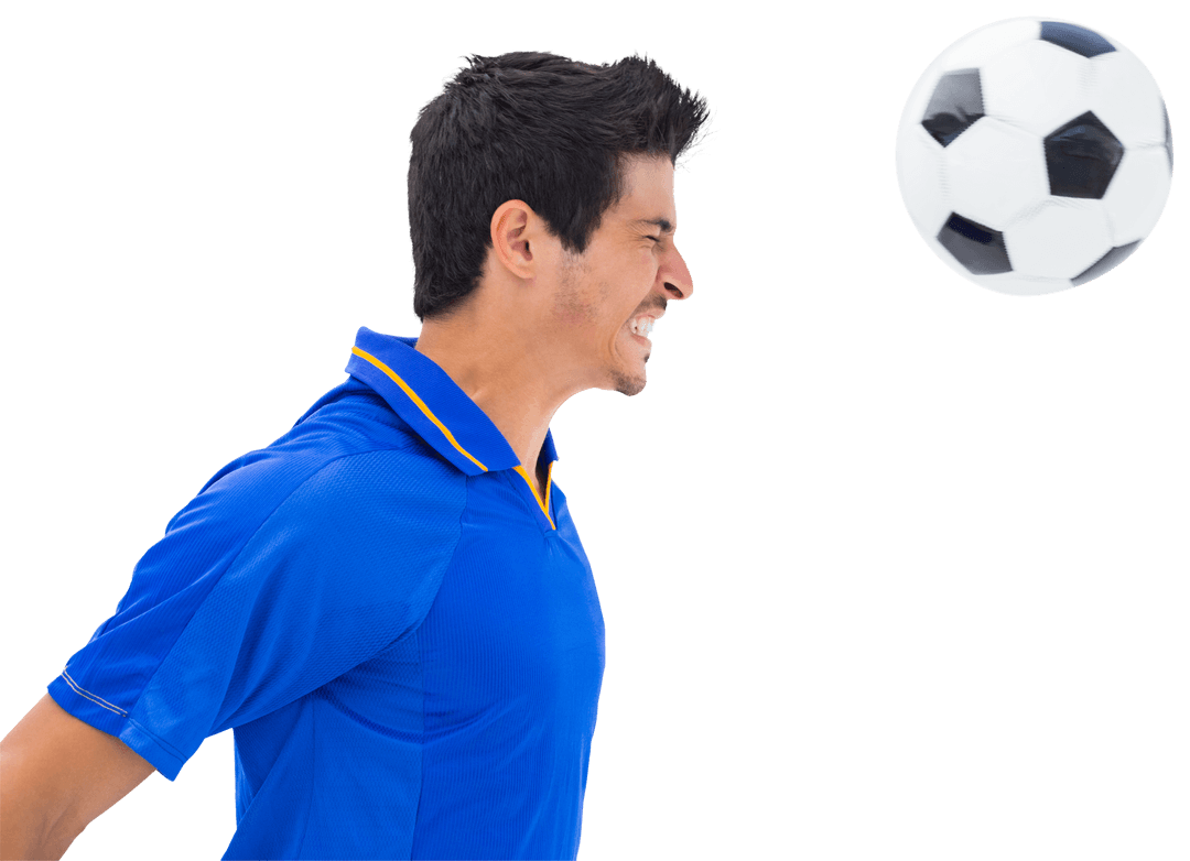 Caucasian Football Player Heading Ball on Transparent Background