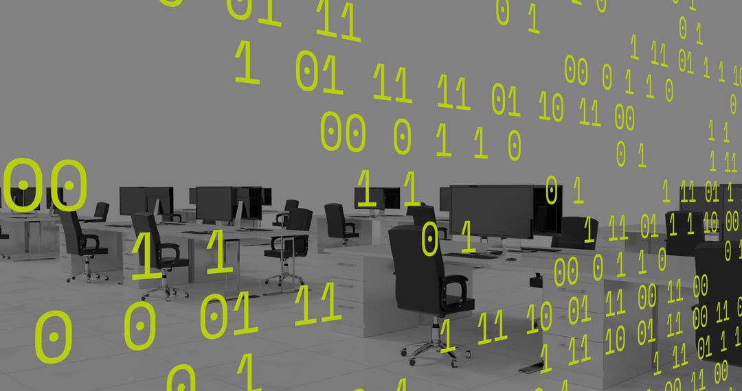 Digital Code Overlaid on Empty Office Workstations
